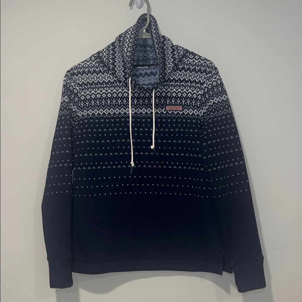 Vineyard Vines Navy and White Fair Isle Fleece Knit Cowl Neck Sweater XS